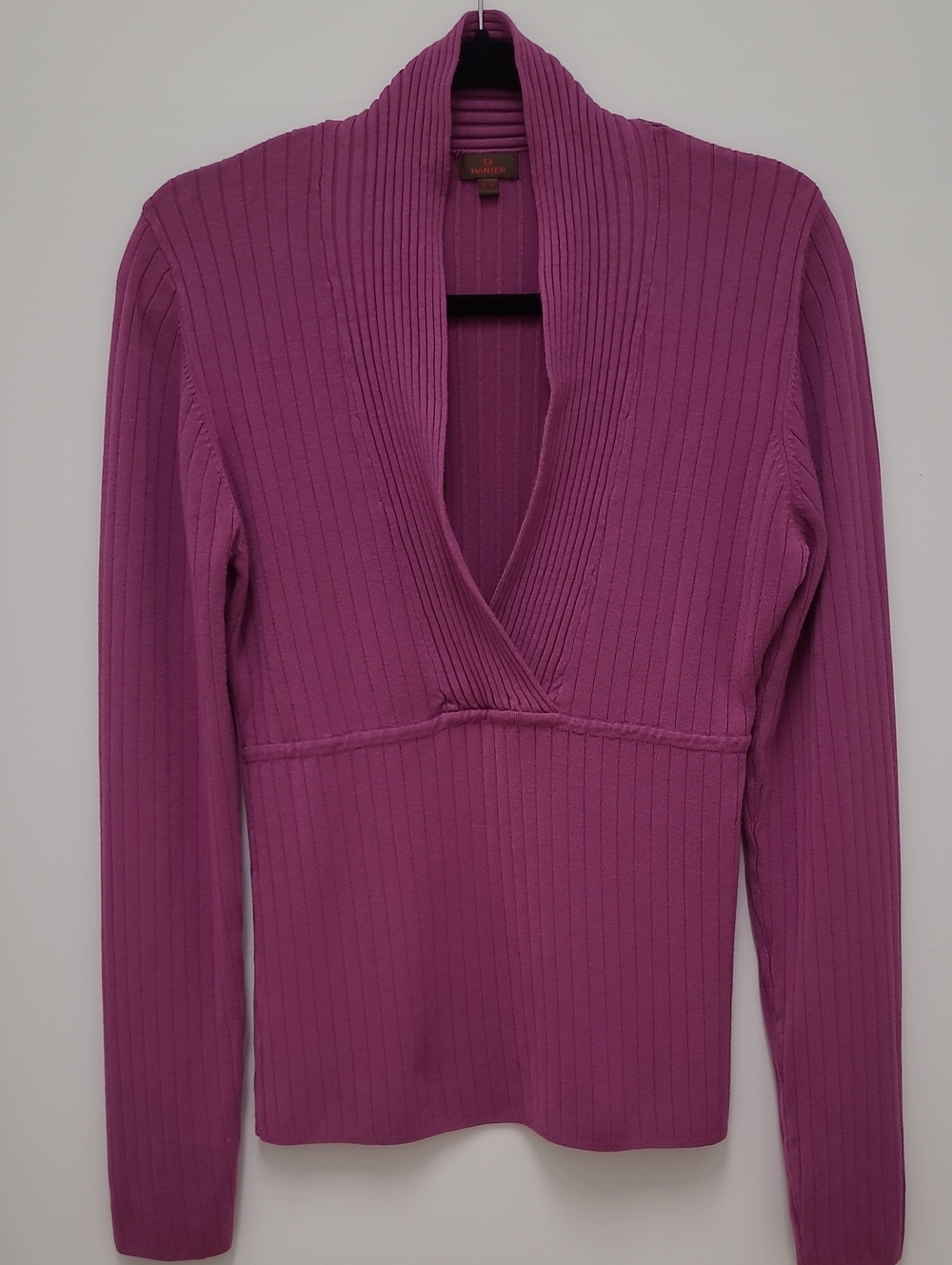 Danier Ribbed V-Neck Sweater in Raspberry - Picture 2 of 9